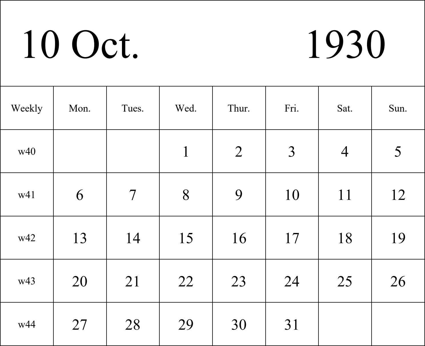 日历表1930年日历 英文版 纵向排版 周一开始 带周数 带节假日调休安排